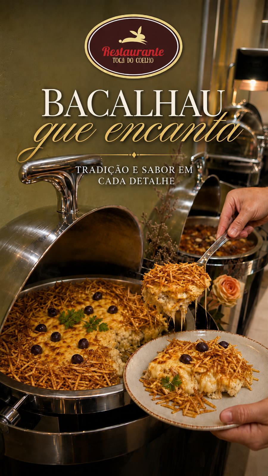Bacalhau gratinado com batata palha e azeitonas servido no réchaud