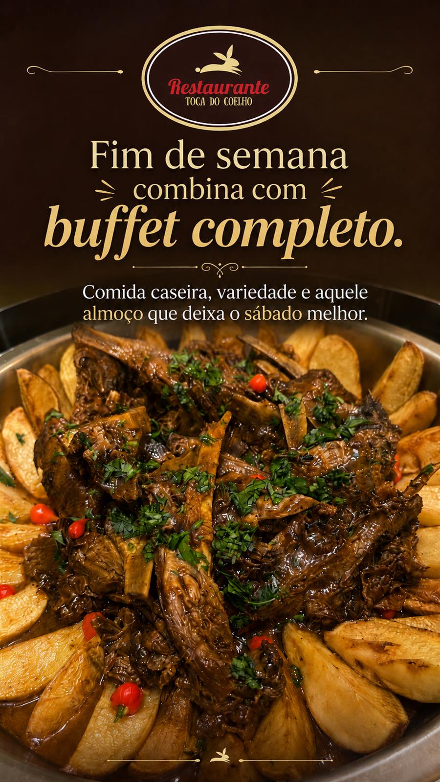 Carne assada desfiada com batatas rústicas do buffet de fim de semana